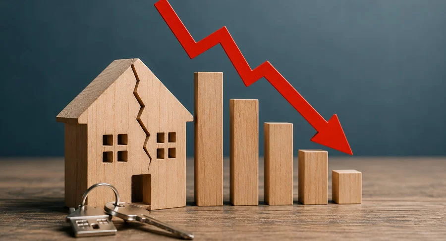 vivienda de madera representa una gráfica en caída