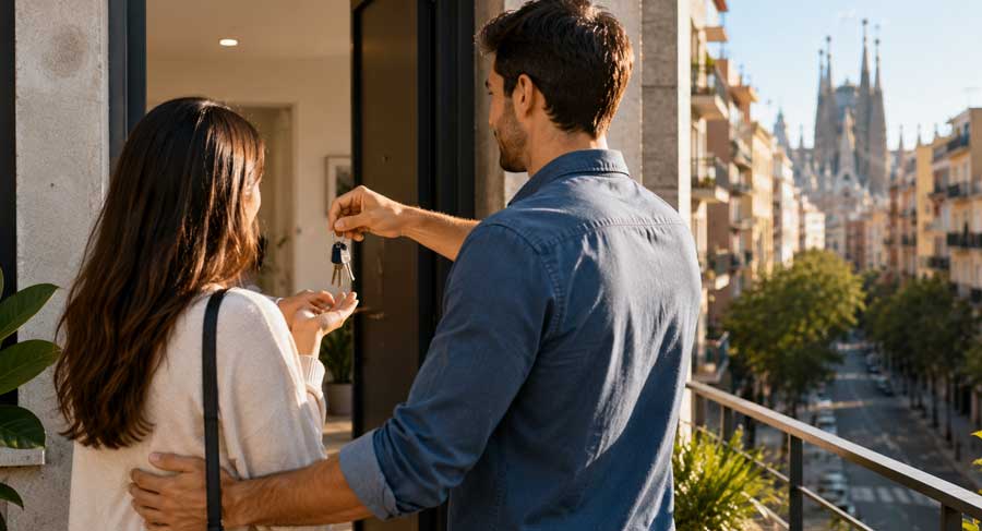 Pareja joven recibiendo las llaves de su nueva vivienda tras conseguir su hipoteca para Mossos d'Esquadra con Hipotecas 100